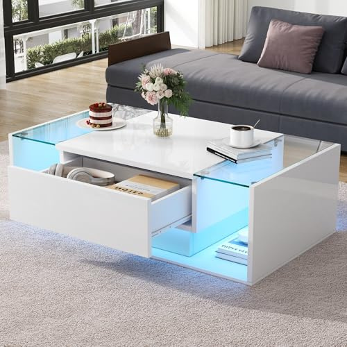 FammyLoft Rechteckig Couchtisch mit Stauraum, Wohnzimmertisch mit Schublade und LED-Lichtleiste, Beistelltisch aus Gehärtetem Glas, Tisch Wohnzimmer mit Minimalistischem Design, Weiß