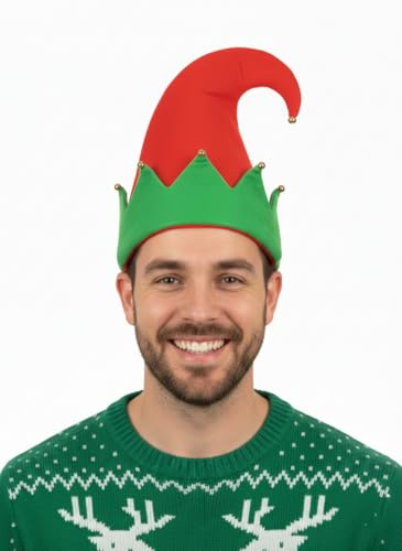 FASHION I LOVE Cappello da elfo per adulti con campane, rosso e verde, in feltro, ideale come regalo di Natale, per feste di Natale, con campanellini, accessorio per costume da elfo per uomini e donne