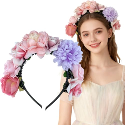 Haarreif Blumen Haarband Dirndl Braut Stirnband Kranz Kopfband Für Fasching Karneval Party Kostüm Zubehör (rosa-violett)