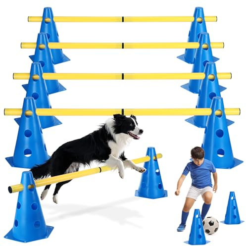 Kit d'obstacles Réglables, Agilité Chien, 8 Cônes 24cm + 4 Barres 81cm