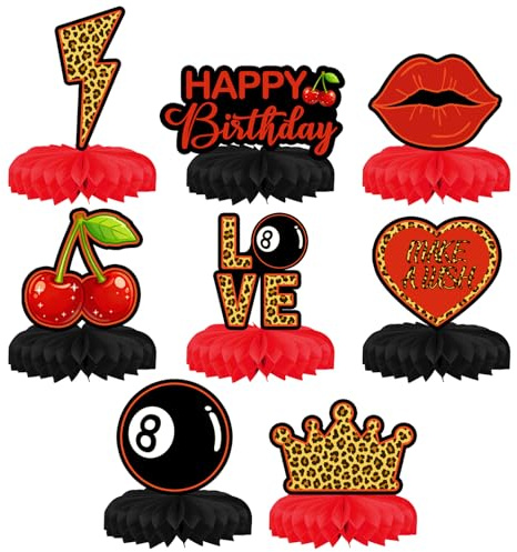 Set di 8 decorazioni per compleanno con stampa di ghepardo rosso, centrotavola in cartoncino di alta qualità e sfere a nido d'ape per feste di compleanno, tema ciliegie o serata tra ragazze, facile