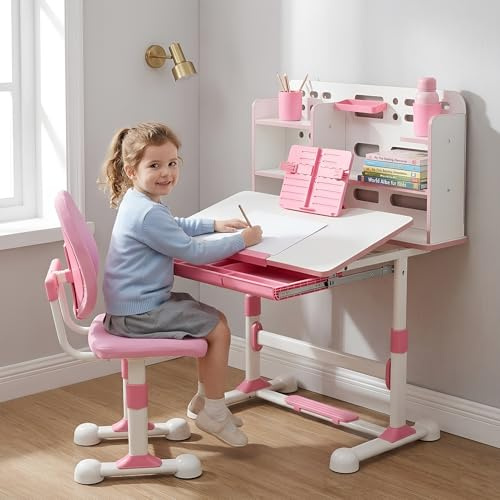 joukares Kids Desk and Chair Set, Height Adjustable Children's Study Desk, Ergonomic Homework Station, Storage Drawer, Widened Desktop, Cartoon Backboard, for Ages 3 to 12 Years (Pink)