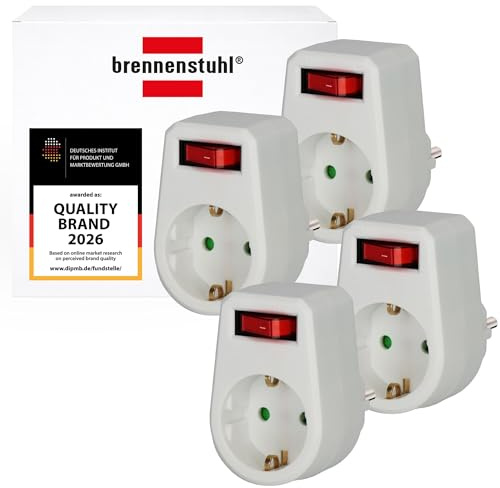 Brennenstuhl 4er Set Steckdosenadapter/ Schutzkontaktsteckdose mit Schalter | Zwischenstecker mit erhöhtem Berührungsschutz, weiß