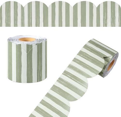 JarThenaAMCS 65Ft Stripe Bulletin Board Border Roll Sage Green Stripe Scalloped Die Cut Trim Border for Home Classroom Office Party Chalkboard Wall Decoration