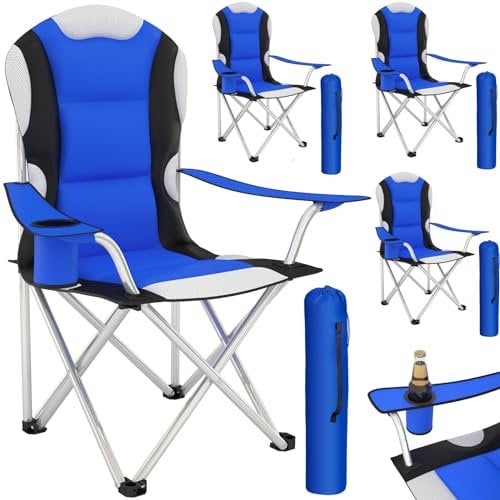 tectake® Campingstuhl mit Getränkehalter, Angelstuhl faltbar, Gartenstuhl mit Armlehnen, gepolsterter Klappstuhl, Campingstuhl faltbar, für Camping Strand Garten Terrasse - blau, 4er Set