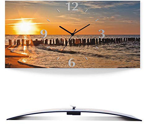 ARTLAND Wanddeko Wanduhr ohne Tickgeräusche Alu Quarzuhr 50x25 cm Rechteckig Lautlos Strand Meer Sonnenuntergang Sonne Urlaub Maritim T3ZU