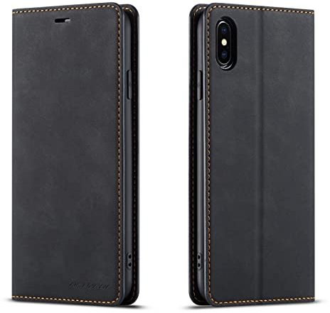 QLTYPRI Case for iPhone XS Max, Premium PU Leather Cover TPU Bumper with Card Holder Kickstand Hidden Magnetic Adsorption Flip Wallet Case Cover for iPhone XS Max - Black