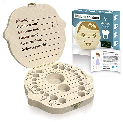Zrilubkrelz Original Zahnbox Zahndose für Kinder aus Holz | inkl. Brief | Deutsche Sprache | 2 Versionen für Junge & Mädchen | Milchzahndose Milchzahnbox für Milchzähne als Geschenk Geburt
