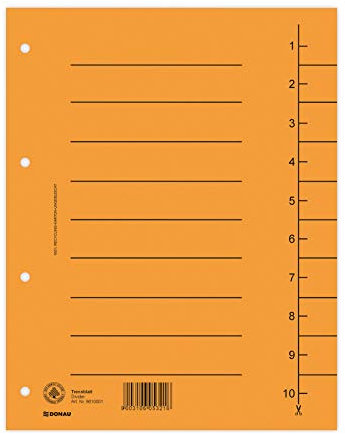 DONAU 8610001-12 100er Pack Trennblätter, Farbe: Orange/ Karton-Register überbreit Aus Recycling-Karton 250 g/qm mit Linienaufdruck für DIN A4 4-Fach Lochung Trennlaschen Trennblätter Ordner Register