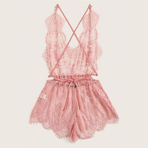 Tezenis Donna Intimo Open Back Ciglia Pizzo Teddy Estate Viola Pizzo Criss Cross Indumenti da Notte Sexy Donna Indumenti da Notte Solidi-Rosa_M