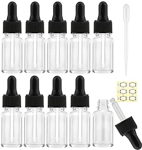Alledomain 10Pcs, 10Ml Transparent Glass Bottles with Dropper Pipettes, Empty Dropper Bottles Plastic Black Cap Refillable Sample Container for Essential Oil/Aromatherapy Blend/Chemical Liquid