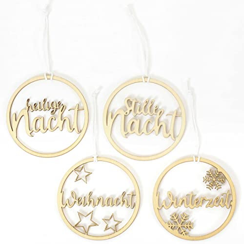 Papierdrachen 12 Anhänger aus Holz für den Weihnachtsbaum - Baumschmuck - Weihnachtsbaumdekoration - Schrift - Set 4
