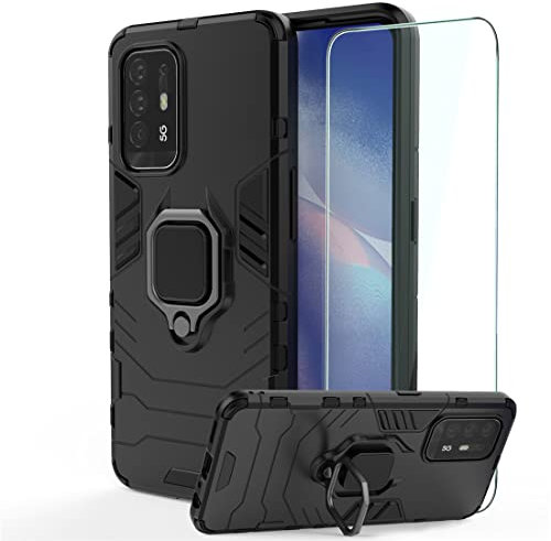 DESCHE – Coque pour smartphone OPPO A94 5G, avec verre trempé, résistant aux chocs, avec support rotatif à 360°, compatible avec le smartphone OPPO A94 5G, noir