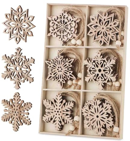 Binswloo Schneeflocken aus Holz, 24 Stücke Christbaumschmuck Anhänger aus naturbelassenem mit Jute Schnur für Weihnachtsschmuck, , Basteln