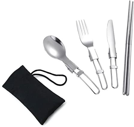 Palillos Plegables Cuchillo Tenedor Cuchara Cubiertos de Acero Inoxidable Cuatro Piezas de Viaje Adecuado Para Acampar Viajes Cocina Portátil Al Aire Libre Con Bolsa de Almacenamiento de Cubiertos