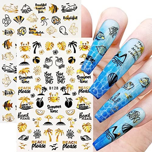 12 Sheets Beach Nail Art Stickers Decals Self Adhesive Coconut Summer Whale Fish Sea Ocean Shell Marine Life Summer Design Manicure Tips Nail Decoración para Uñas for Women Girls