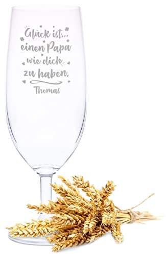 GRAVURZEILE Leonardo Bierglas mit Gravur - Glück ist einen Papa mit Name - Geschenk für Papa - Ideal als Vatertagsgeschenk - 360ml - Biertulpe Pilsglas Weizenglas - Geburtstagsgeschenk für Männer