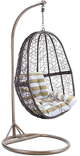 RAMROXX Luxus Hängesessel Fun XL Polyrattan Korb Braun Gestell braun Kissen Braun Weiß