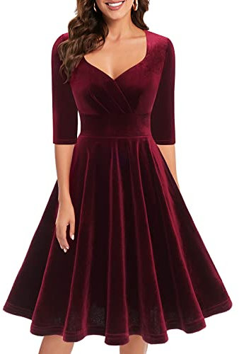 Bbonlinedress Vestidos de Fiesta de Cóctel de Terciopelo de Invierno para Mujeres Baile de Navidad Vestidos de Mujer de Cuello V Manga Larga V-Burgundy M