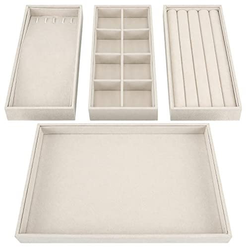 BELLE VOUS Schmucktablett Creme Schubladeneinsatz Schmuck (4er Pack) - 35,3 x 24,2 cm - Schmuck Aufbewahrungssystem - Abnehmbare Abschnitte für Halsketten, Ringe, Armbänder & Ohrringe