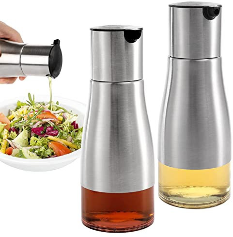 Tuzsocr Distributeur d'huile d'olive 300ml,2 Pack Bouteille D'huile en Verre en Acier Inoxydable,Distributeur d'huile Anti-Fuite pour Cuisine d'huile d'olive/vinaigre,pour la Cuisson,Les Grillades