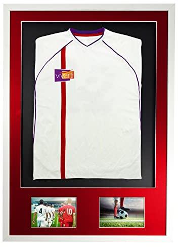 Vivarti DIY Junior 3D Mounted + Double Aperture Sports Shirt Display Frame for Football Shirt, Rugby Shirt, Band T-Shirt Shadow Box - A1 59.4 x 84cm - White Frame, Red Mount, Black Backing Card