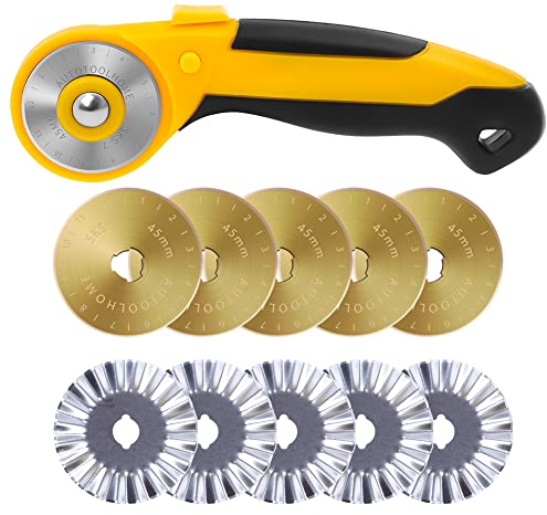 AUTOTOOLHOME 45 mm Rollschneider, automatischer Stoffschneider, 5 Stück, Titan-Ersatzklingen, 5 Stück knickende Rotationsklingen mit Sicherheitsverschluss für Quilten, Nähen, Basteln