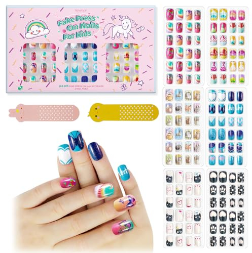 144Pcs Ongles Autocollants Pour Enfants, Faux Ongles Acryliques Pré-Collés, Couverture Complète Avec Paillettes, Cœur Chat, Courts, Kits D'art D'ongles Faux, Cadeaux Saint-Valentin Pour Filles