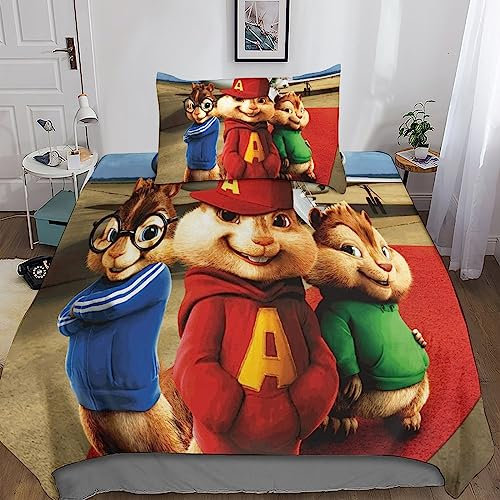 Alvin and The Chipmunks Süße Dekoration 3D Bettwäsche Set,Bettbezüge Mit Kissenbezüge, Weiche Bettbezug Sets Spannbetttücher,3D Bettdeckenbezug Mit Kissenbezug, Bettbezüge Mit Reißverschluss Und Bett
