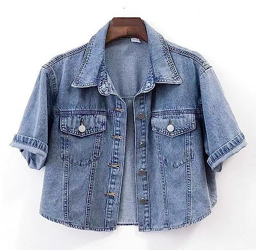 TOMPPY Ladies Denim Jackets, Women'S Short Sleeve Denim Jacket Vintage Distressed Lapel Button Down Cropped Denim Coat Summer Fashion Wash Faded Jean Biker Coat Tops For Ladies Girls,Light Blue,S