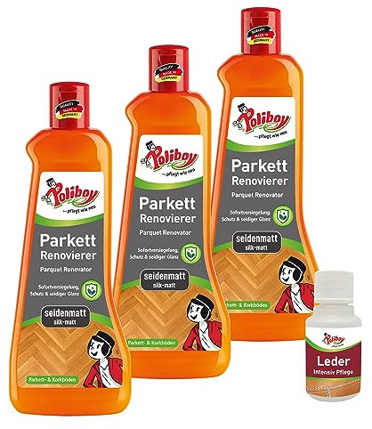 POLIBOY Parkett Renovierer Seidenmatt - Bodenaufbereiter mit Schutz- und Glanzeffekt für Parkettversiegelung - 3x 500ml - Mit Produkt-Probe - Made in Germany