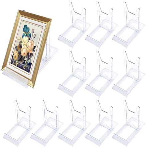 12 PCS Support de Présentation en Acrylique Transparent, Chevalets en Plastique Présentoirs Réglable, Supports de Cartes, Mini Chevalets et Support Assiette Porte Assiette Support Cadre Photo