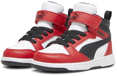 PUMA Kinder Rebound V6 Mid Sneakers 21, White Black for All Time Red
