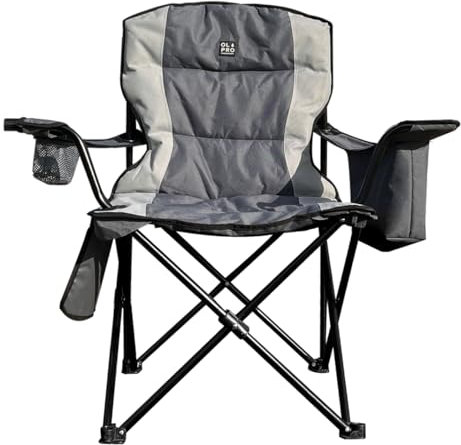 OLPRO Henwick Heavy Duty Padded Folding Camping Chair for Adults – Comfortable & Foldable Outdoor Chair with Cooler Bag, Wine Glass & Cup Holder – Ideal for Camping, Garden, Picnic & Festivals (Grey)