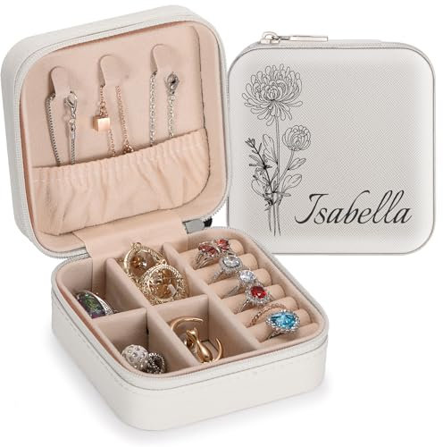 SPETYORT Personalisierte Schmuckschatulle für Damen, individuelle Reise Schmuckkästchen mit Namen, Leder-Schmuck-Organizer-Box für Ringe, Ohrringe, personalisierte Geschenke für Frauen