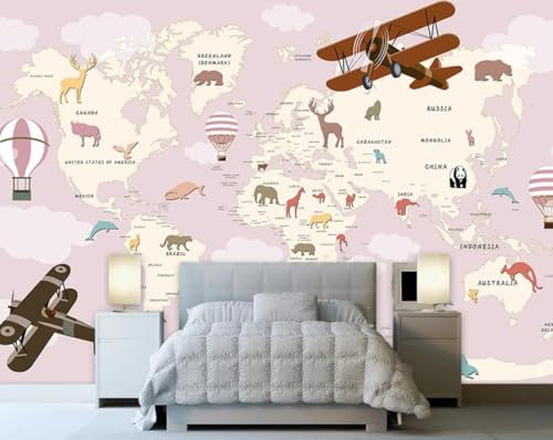 Fototapete Kinderzimmer Deko Tapete Rosa Cartoon-Weltkarte Tapeten Vliestapete Wanddeko Wohnzimmer Wandbilder 350x256cm-M222374