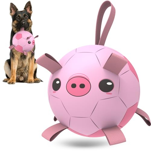 HETOO Dog Football with Straps, Interactive Toys for Tug of War, Puppy Birthday Gifts, Dog Water Toy, Durable Dog Balls for Medium & Large Pink Pig (8 Inch)