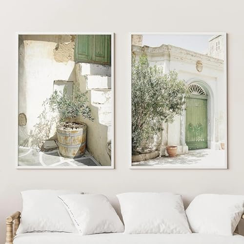 Poster mit grünem Olivenbaum in Italien, Stadtlandschaft, Wandbild, Druck, modernes, minimalistisches Leinwandgemälde, Raumdekoration, 50 x 70 cm x 2, ohne Rahmen