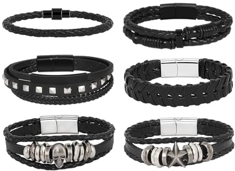 MILAKOO 6 Stück Männer Manschette Armbänder Geflochtenes Leder Armband Niete Schädel Stern Armreif Punk Gothic Armbänder für Party Business