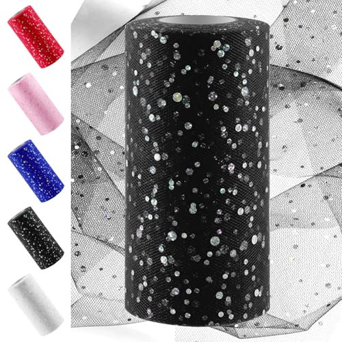 Swpeet Rouleau de tulle à paillettes noires de 15,2 cm x 45,2 m, bobine de tissu en polyester pour bricolage, fête d'anniversaire, décorations de mariage, Noël
