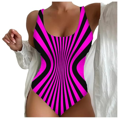 Damen Badeanzug Bauchweg, Große Größe, Figurformend, U-Ausschnitt, Gestreift, Bedruckt, Sport-Badeanzüge, Badeanzug mit Breiten Schultergurten Einteilige Bademode Badeanzug (Hot Pink, XXXXXXL)