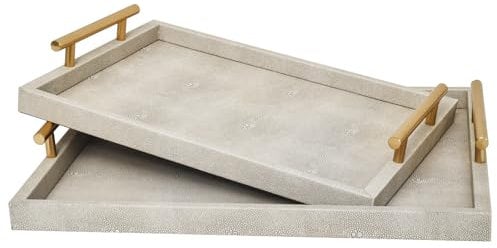 Modern Decorative Tray Set of 2 Ivory Shagreen Leather and Wood Serving Tray with Gold Polished Metal Handles for Ottoman, Coffee Table, Bathroom and More
