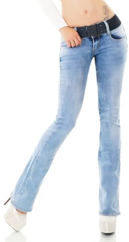 Trendstylez Damen Slim Fit Stretch Bootcut Schlag Jeans Hose inkl. Gürtel Light Blue W360