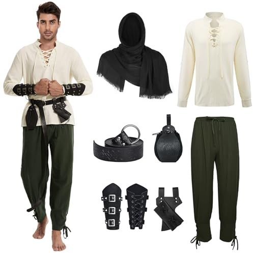 AJGEGJE Mittelalter Kleidung Herren, 7 Stück Herren Renaissance Kostüm Set | Mittelalter Viking Kostüm mit Piratenhemd Lang Hose Gürtel Handgelenkgurt