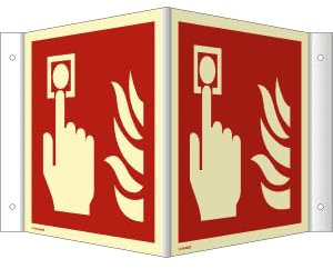 Winkelschild Nasenschild nach ISO 7010 / F 002, zweiseitig bedruckt mit 2 Symbolen “ Brandmelder Größe : 150 x 150 x 25 mm, langnachleuchtend
