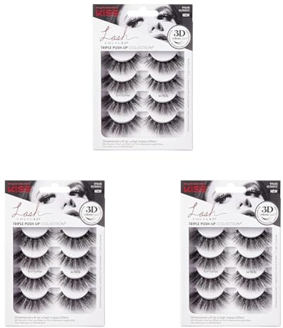 KISS Lash Couture Triple Push Up Collection 4 Paar künstliche Wimpern, Bombshell, Fake Lashes mit 3D-Volumen, tierversuchsfrei, wiederverwendbar, inklusive Wimpernkleber Schwarz (Packung mit 3)