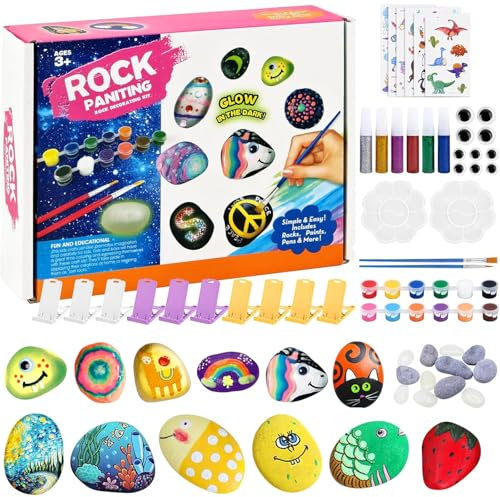 Probuk Kit de Peinture sur Pierre pour Enfants, 12 Galets à Décorer, Kits de Loisirs Créatifs/de Bricolage pour Enfants, Cadeau Créatif pour Convient Aux Garçons et Filles de 3-10 Ans