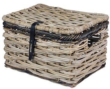 Basil Dijon L Rattan Fahrradkorb, Luxuriöser Aufbewahrungskorb mit Deckel für Vorderradträger, Grau/Schwarz, Handgeflochten, 28 l Volumen, Ideal für Einkäufe, Picknicks, Umweltfreundlich und Stilvoll