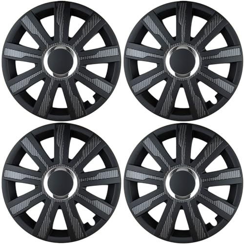 Premium Radkappen 15 Zoll in Schwarz-Carbon-Glänzend mit Chromring 4er-Satz hochwertige Radzierblenden für PKW-Stahlfelgen Radblenden-Zweifarbig Radabdeckungen Raddeckel Zierblenden Zierkappen 4 Stück