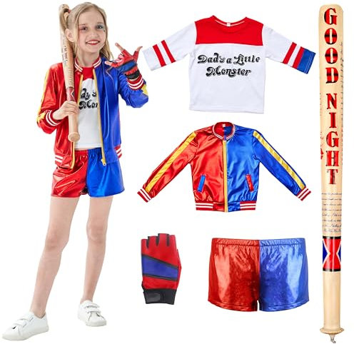 Udekit Superheld Cosplay-Kostüm mit T-Shirt, Jacke, Hose, Handschuhen, Weicher PVC-Baseballschläger für Harley Kleinkinder, Kinder, Mädchen Klein